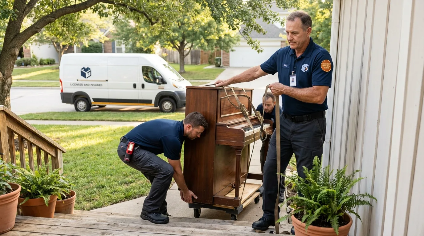 Licensed piano movers securing grand piano in Whitwell, TN