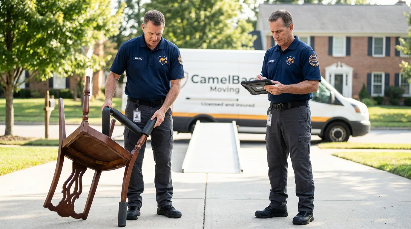 Movers inspecting furniture for damage prevention before loading in Whitwell, TN