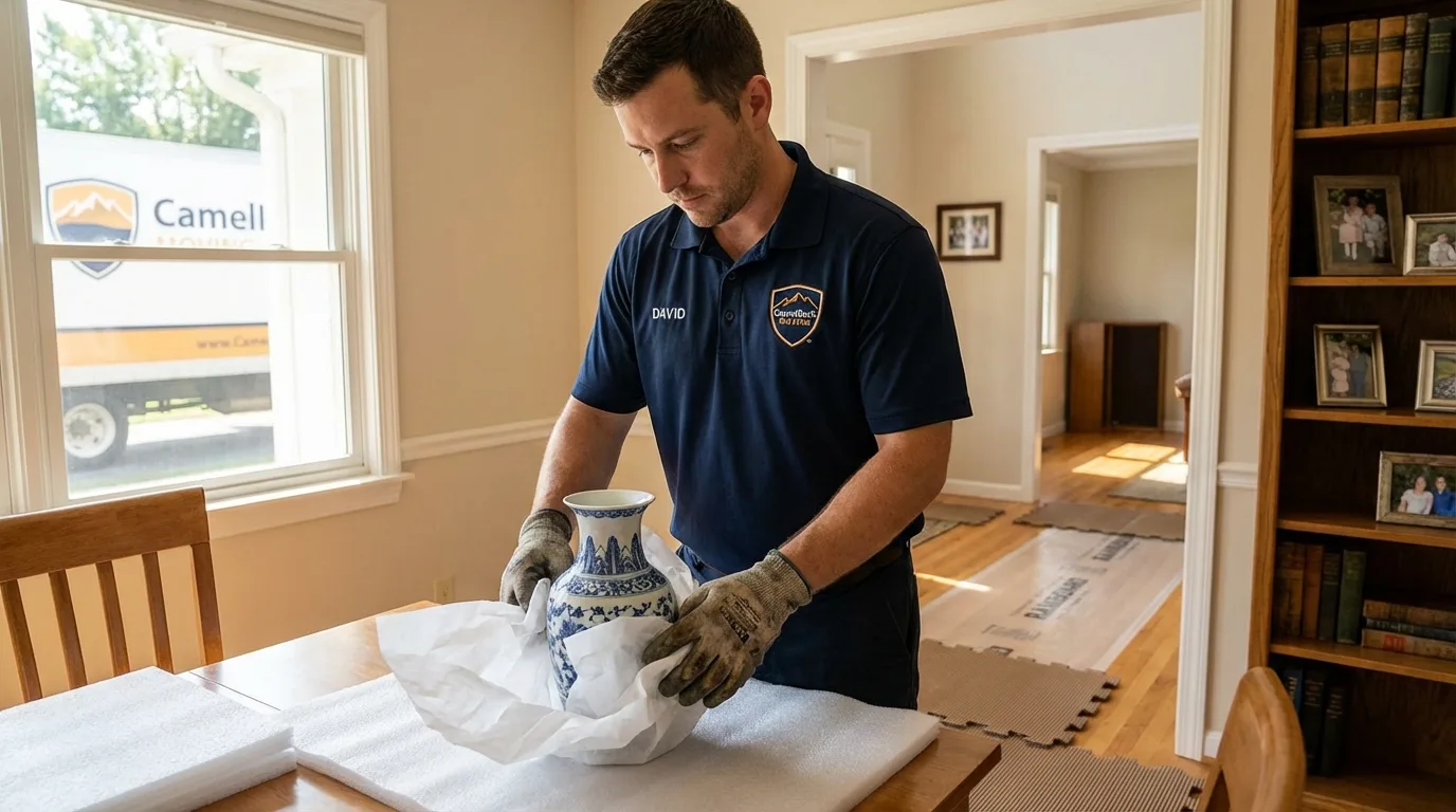 Professional crew carefully wrapping antique vase for senior downsizing move in Whitwell, TN